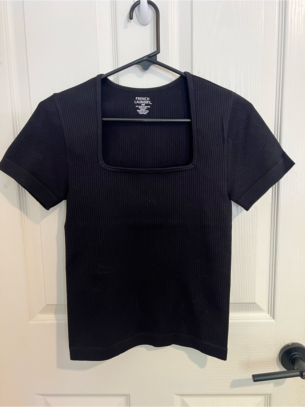 French Laundry Black Ribbed Square Neck Short Sleeve Tee